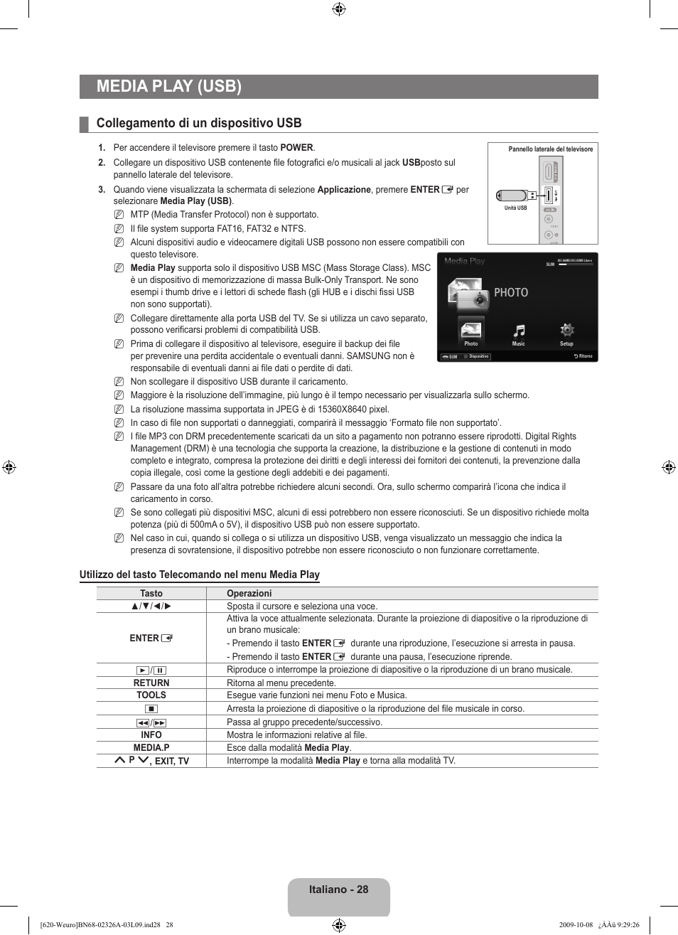 Media play (usb), Collegamento di un dispositivo usb, Photo | Samsung LE46B620R3W User Manual | Page 236 / 458