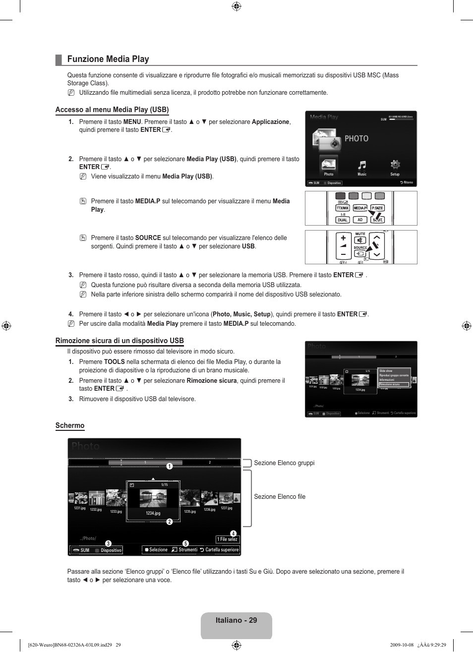 Funzione media play, Photo, Italiano - 29 | Accesso al menu media play (usb), Rimozione sicura di un dispositivo usb, Schermo | Samsung LE46B620R3W User Manual | Page 237 / 458