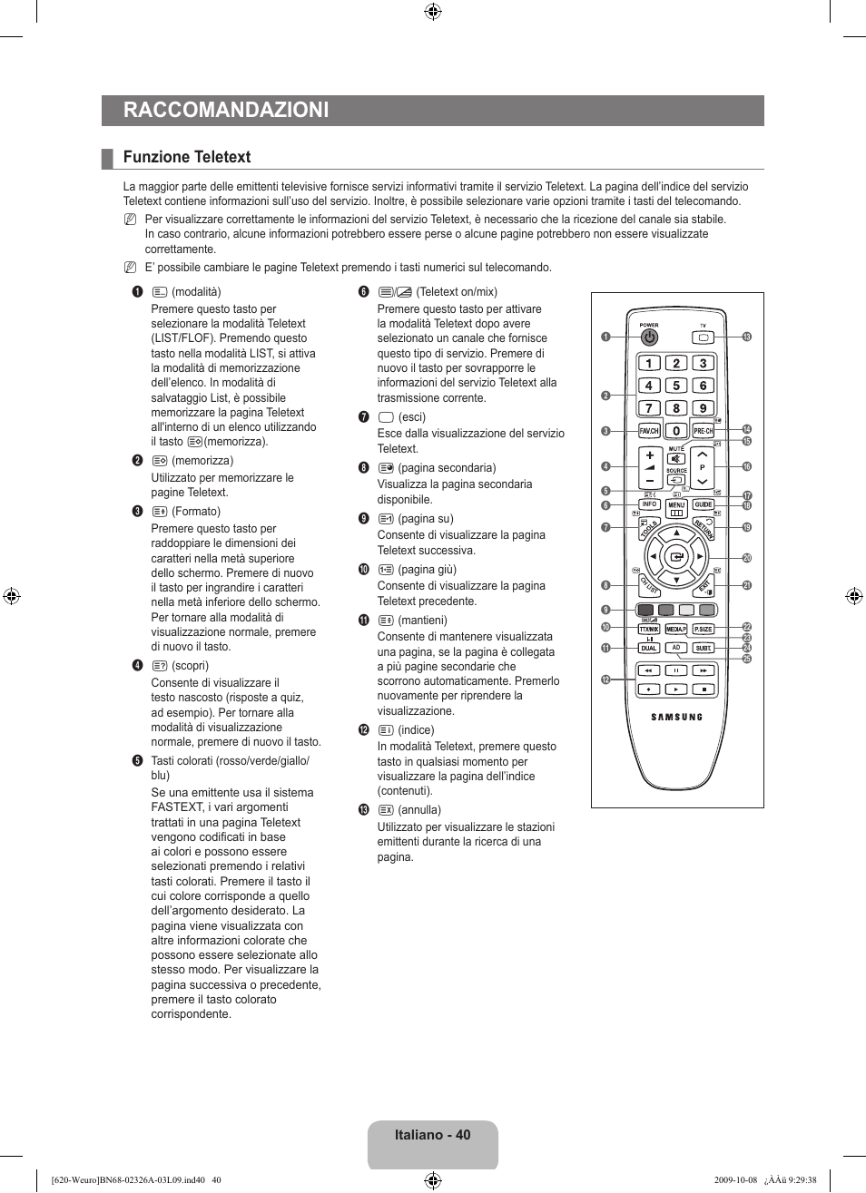 Raccomandazioni, Funzione teletext | Samsung LE46B620R3W User Manual | Page 248 / 458