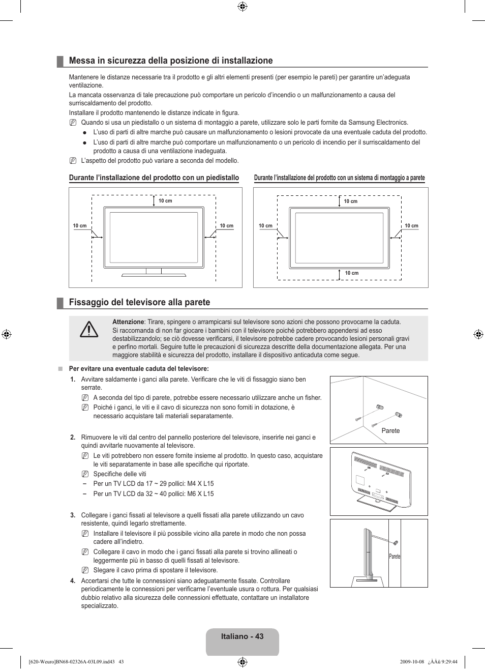 Fissaggio del televisore alla parete | Samsung LE46B620R3W User Manual | Page 251 / 458