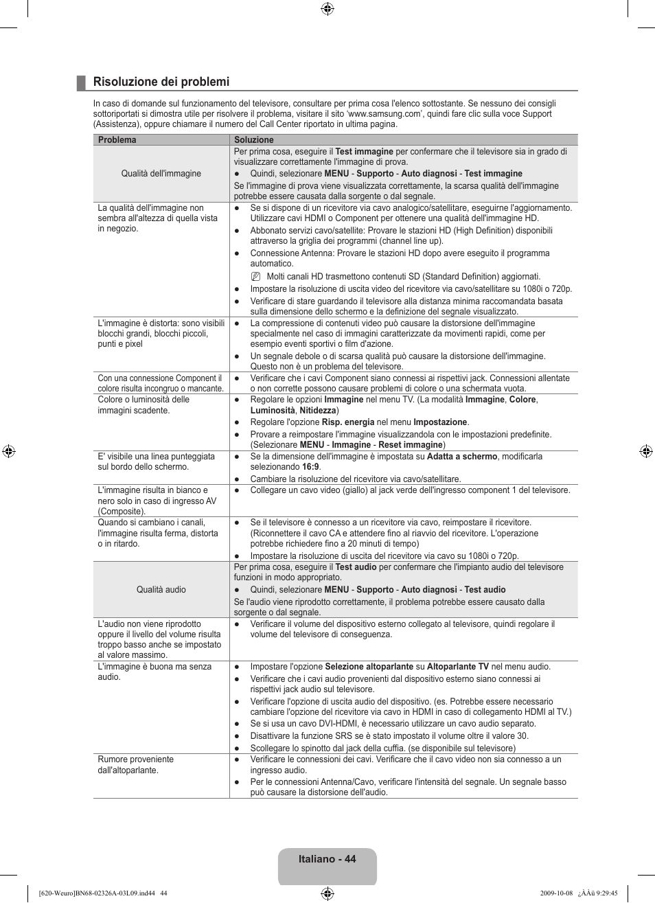 Risoluzione dei problemi | Samsung LE46B620R3W User Manual | Page 252 / 458