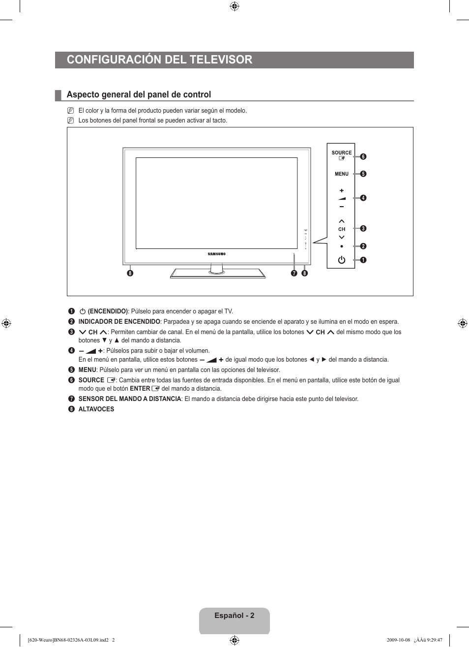 Configuración del televisor, Aspecto general del panel de control | Samsung LE46B620R3W User Manual | Page 260 / 458