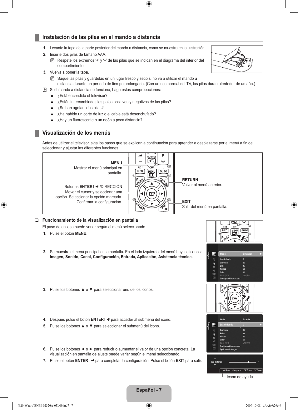 Operation, Instalación de las pilas en el mando a distancia, Visualización de los menús | Español, Funcionamiento de la visualización en pantalla | Samsung LE46B620R3W User Manual | Page 265 / 458