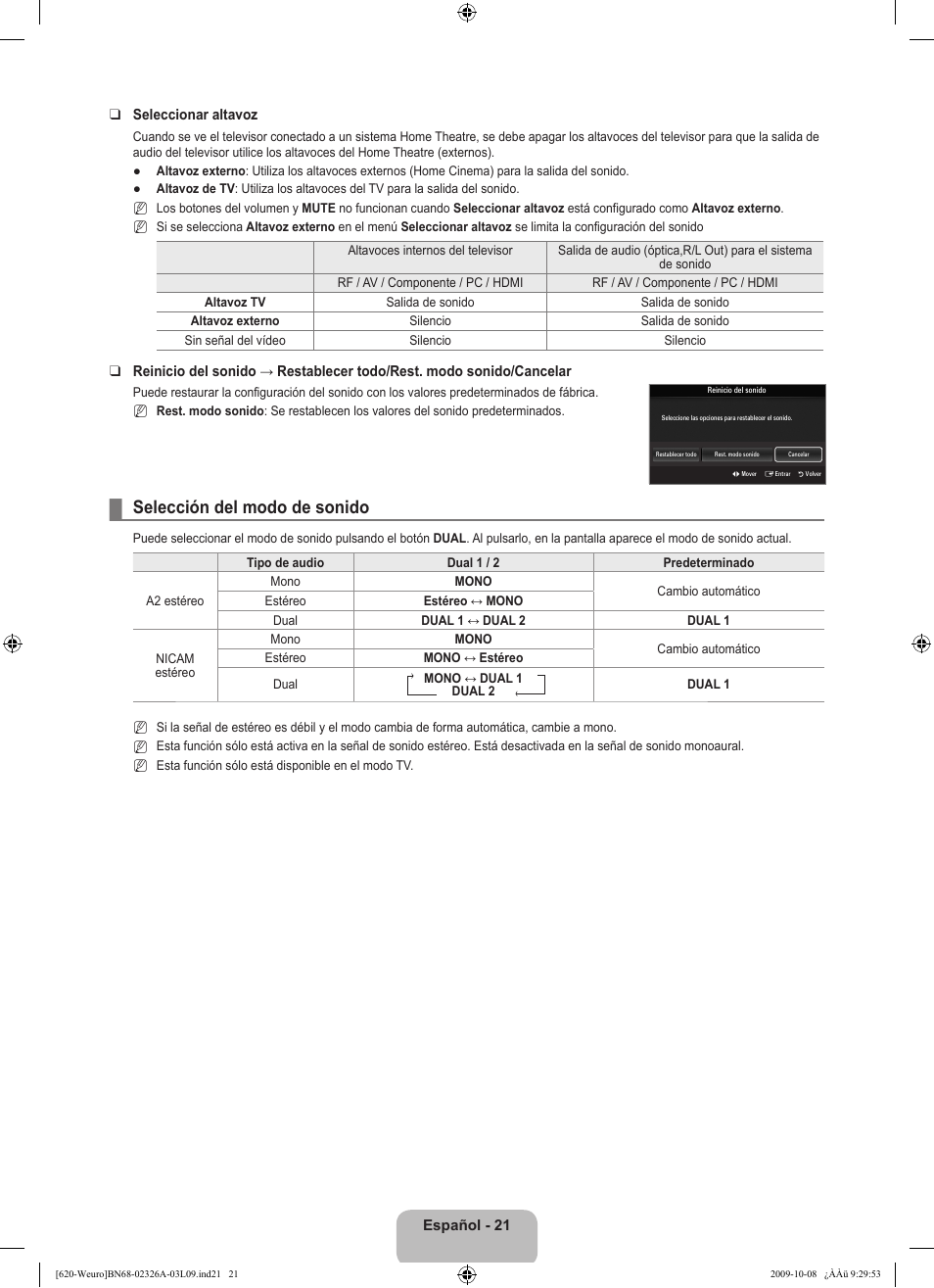 Selección del modo de sonido | Samsung LE46B620R3W User Manual | Page 279 / 458