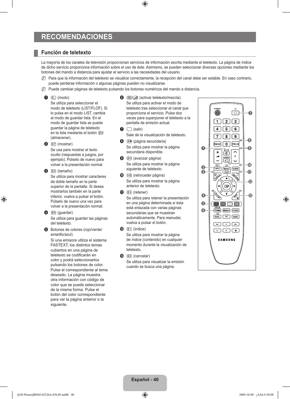 Recomendaciones, Función de teletexto | Samsung LE46B620R3W User Manual | Page 298 / 458