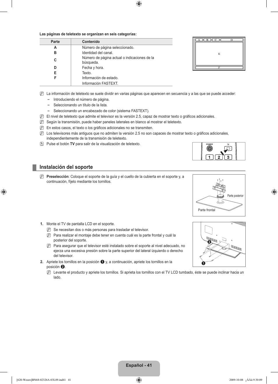 Instalación del soporte | Samsung LE46B620R3W User Manual | Page 299 / 458