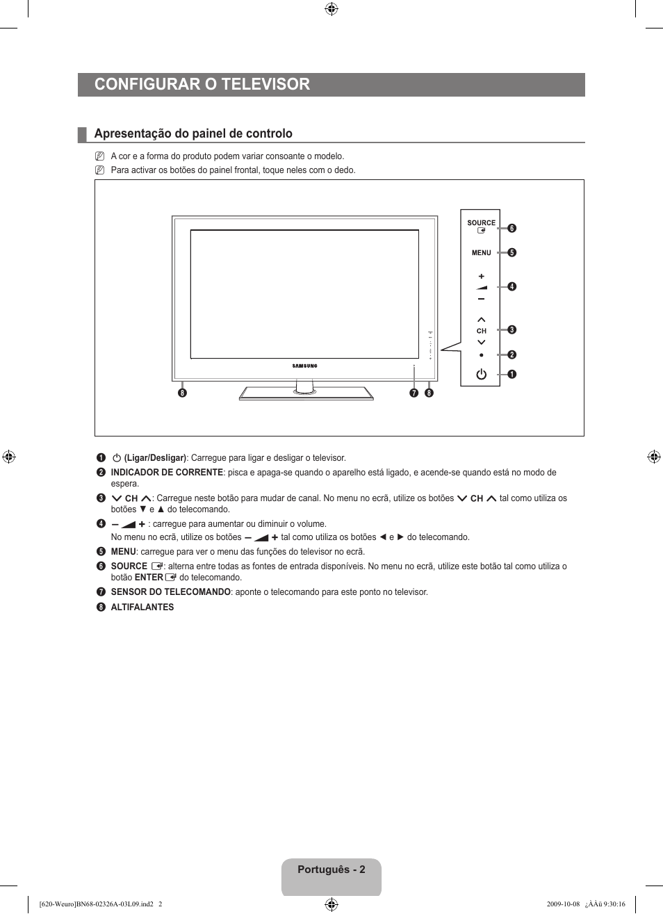 Configurar o televisor, Apresentação do painel de controlo | Samsung LE46B620R3W User Manual | Page 308 / 458