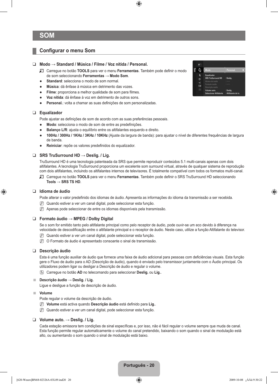 Configurar o menu som | Samsung LE46B620R3W User Manual | Page 326 / 458