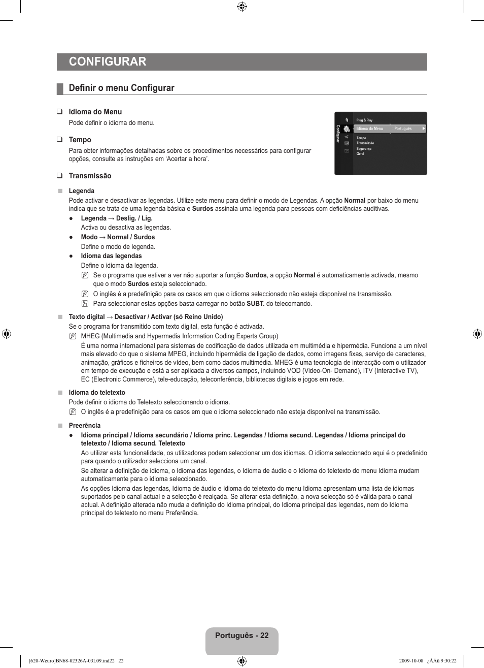 Configurar, Definir o menu configurar | Samsung LE46B620R3W User Manual | Page 328 / 458