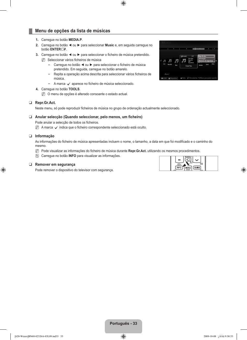 Menu de opções da lista de músicas, Português - 33, Repr.gr.act | Informação, Remover em segurança | Samsung LE46B620R3W User Manual | Page 339 / 458