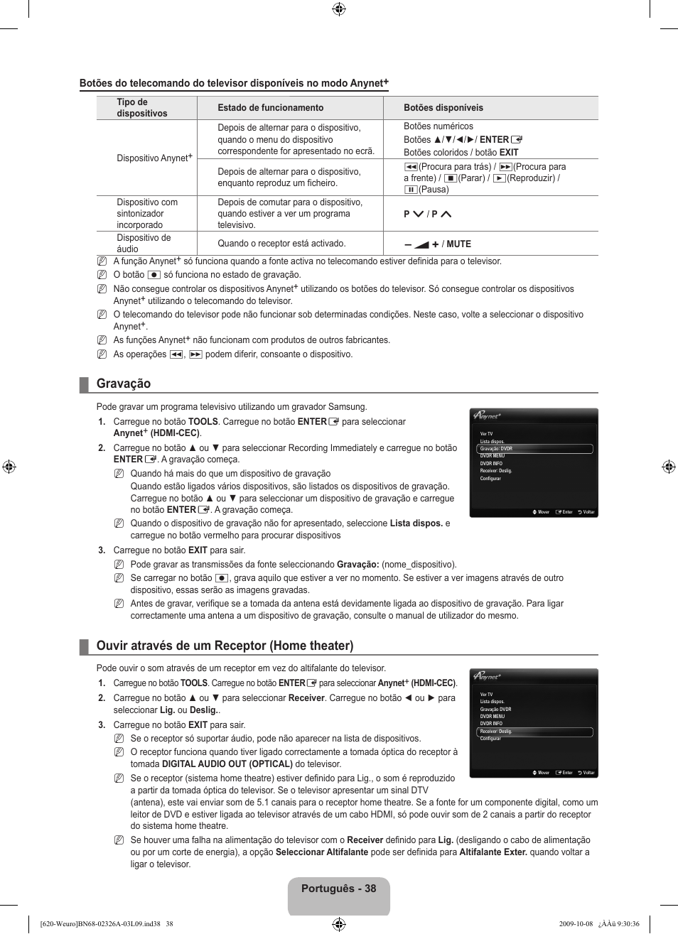 Gravação, Ouvir através de um receptor (home theater) | Samsung LE46B620R3W User Manual | Page 344 / 458