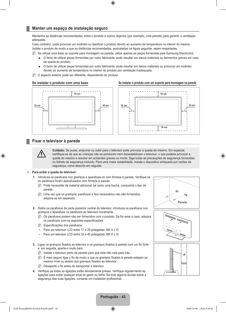 Manter um espaço de instalação seguro, Fixar o televisor à parede | Samsung LE46B620R3W User Manual | Page 349 / 458