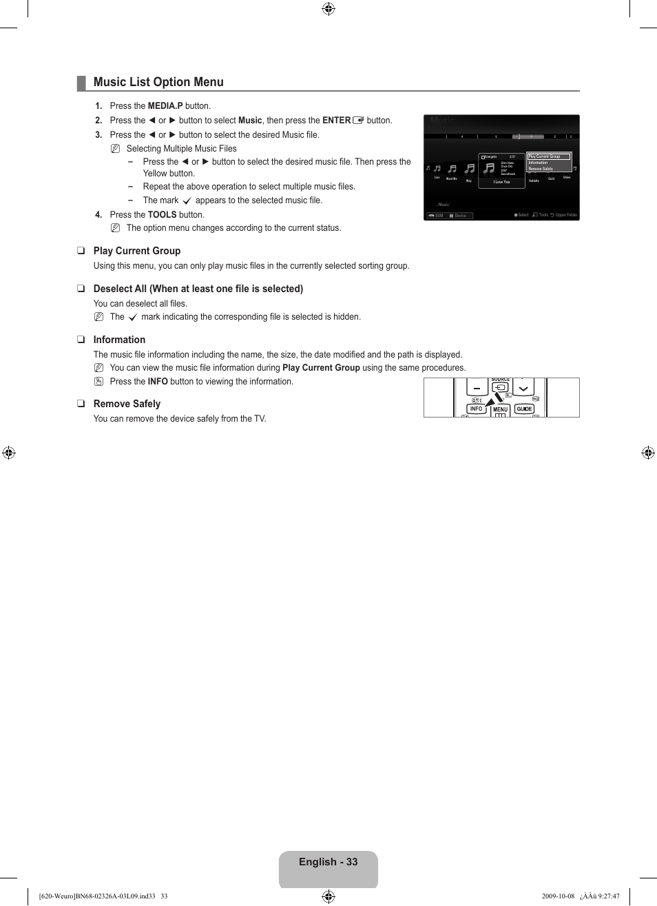 Music list option menu, English - 33, Play current group | Deselect all (when at least one file is selected), Information, Remove safely, You can remove the device safely from the tv, N   n | Samsung LE46B620R3W User Manual | Page 35 / 458