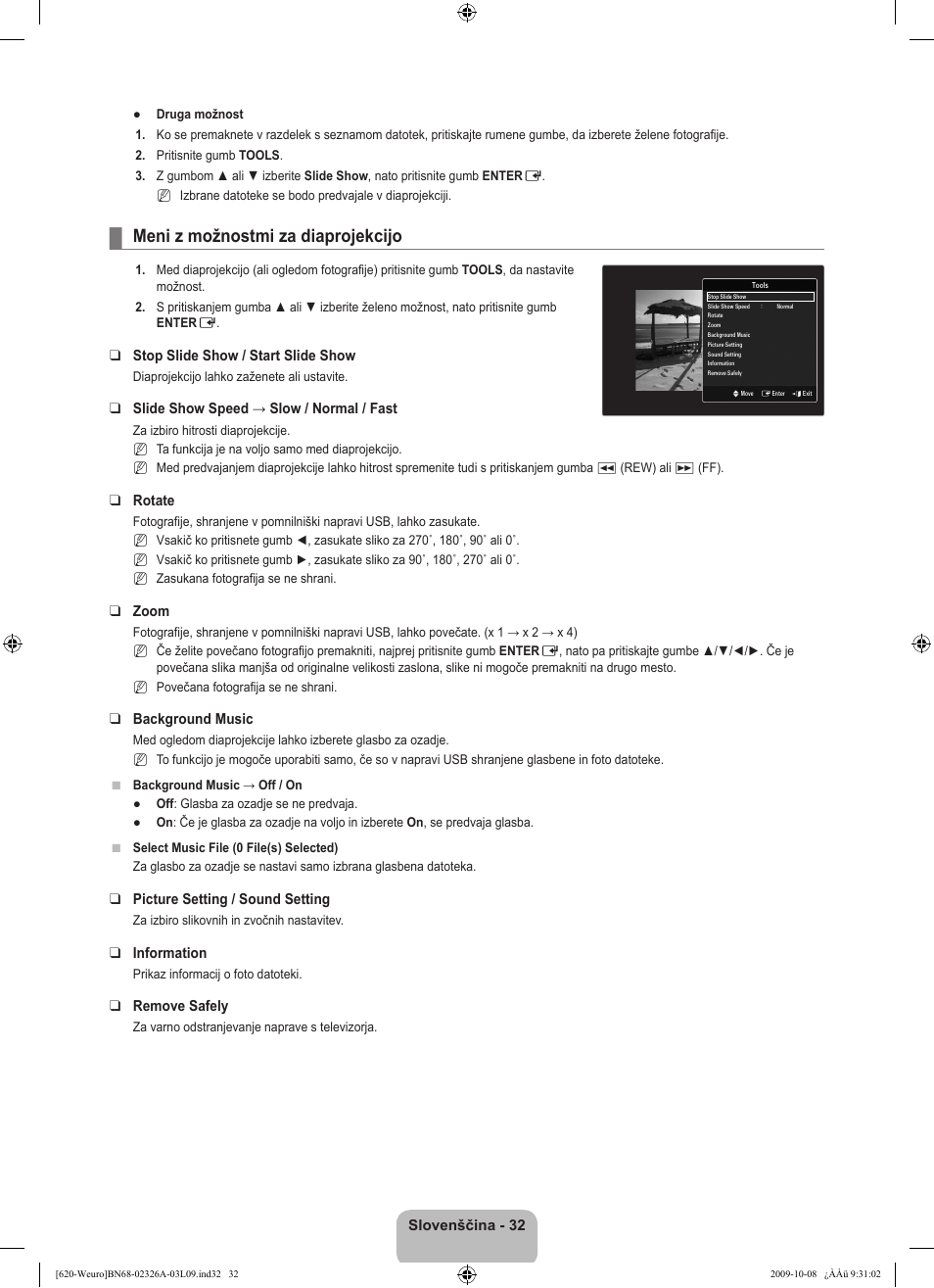 Meni z možnostmi za diaprojekcijo | Samsung LE46B620R3W User Manual | Page 386 / 458