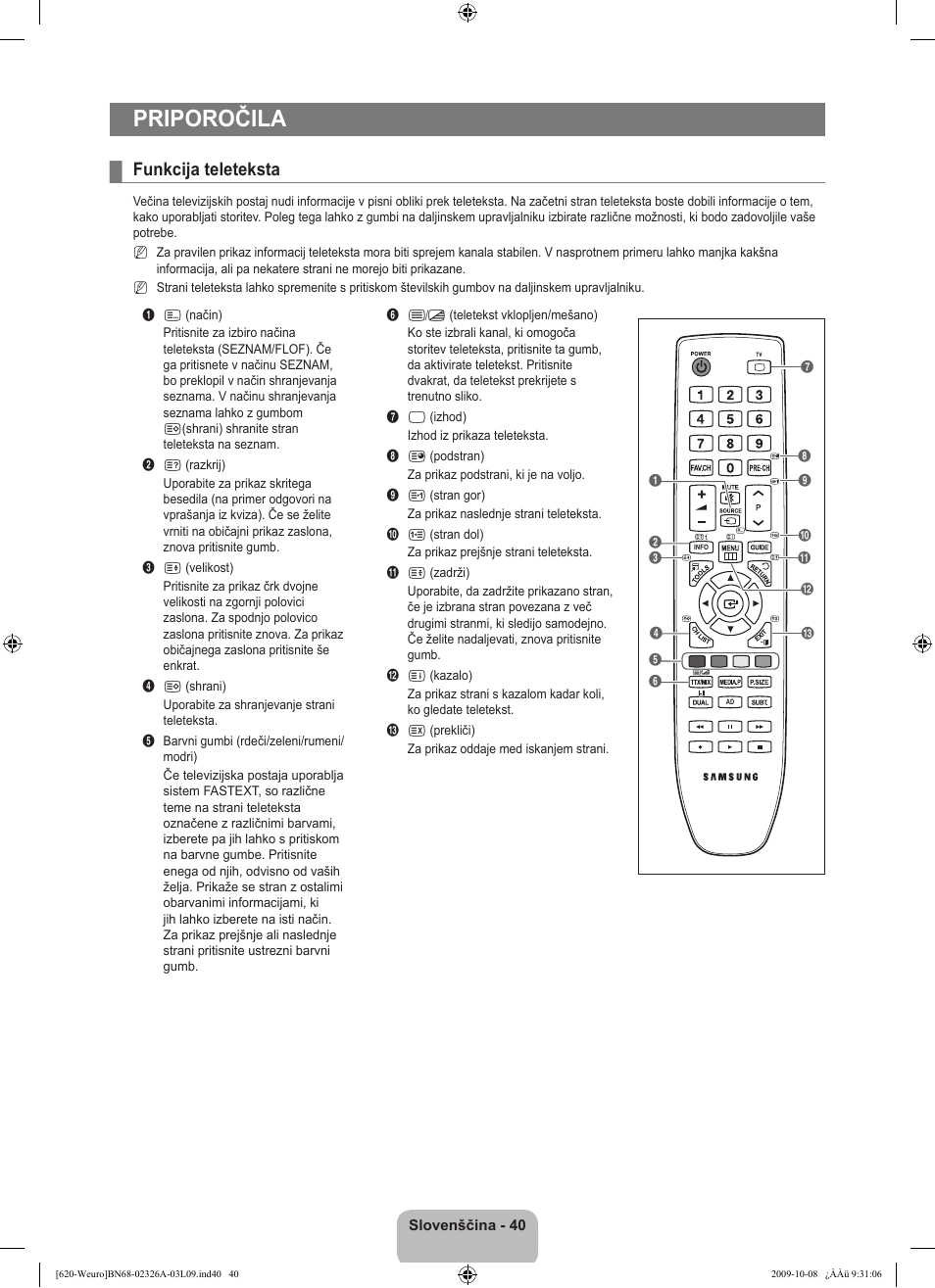 Priporočila, Funkcija teleteksta | Samsung LE46B620R3W User Manual | Page 394 / 458