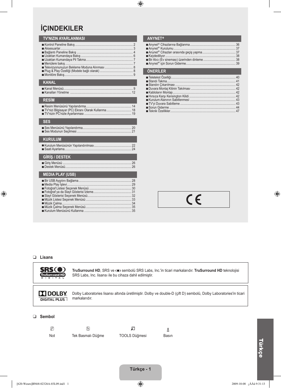 Içindekiler, Tür kçe | Samsung LE46B620R3W User Manual | Page 403 / 458