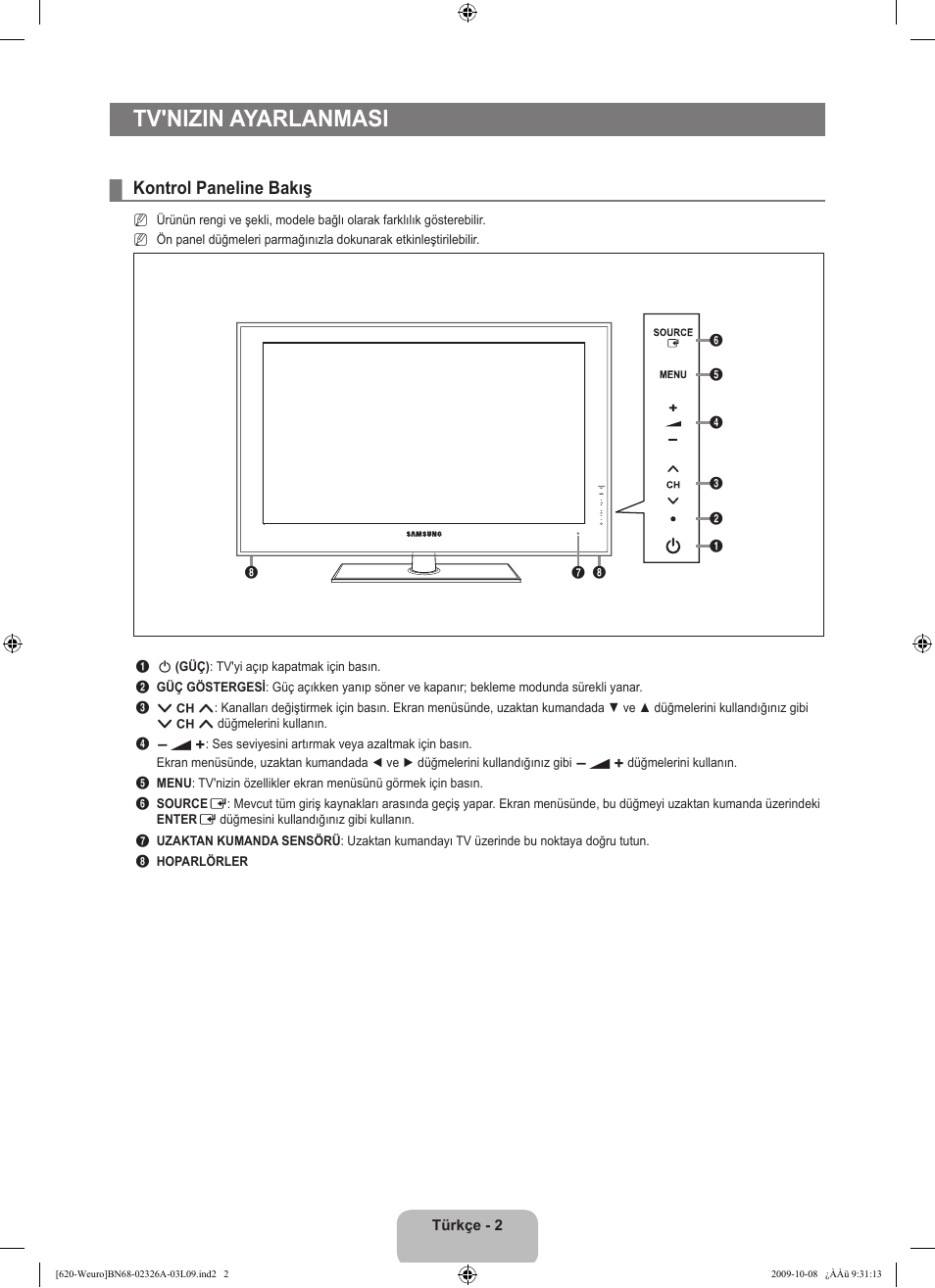 Tv'nizin ayarlanmasi, Kontrol paneline bakış | Samsung LE46B620R3W User Manual | Page 404 / 458