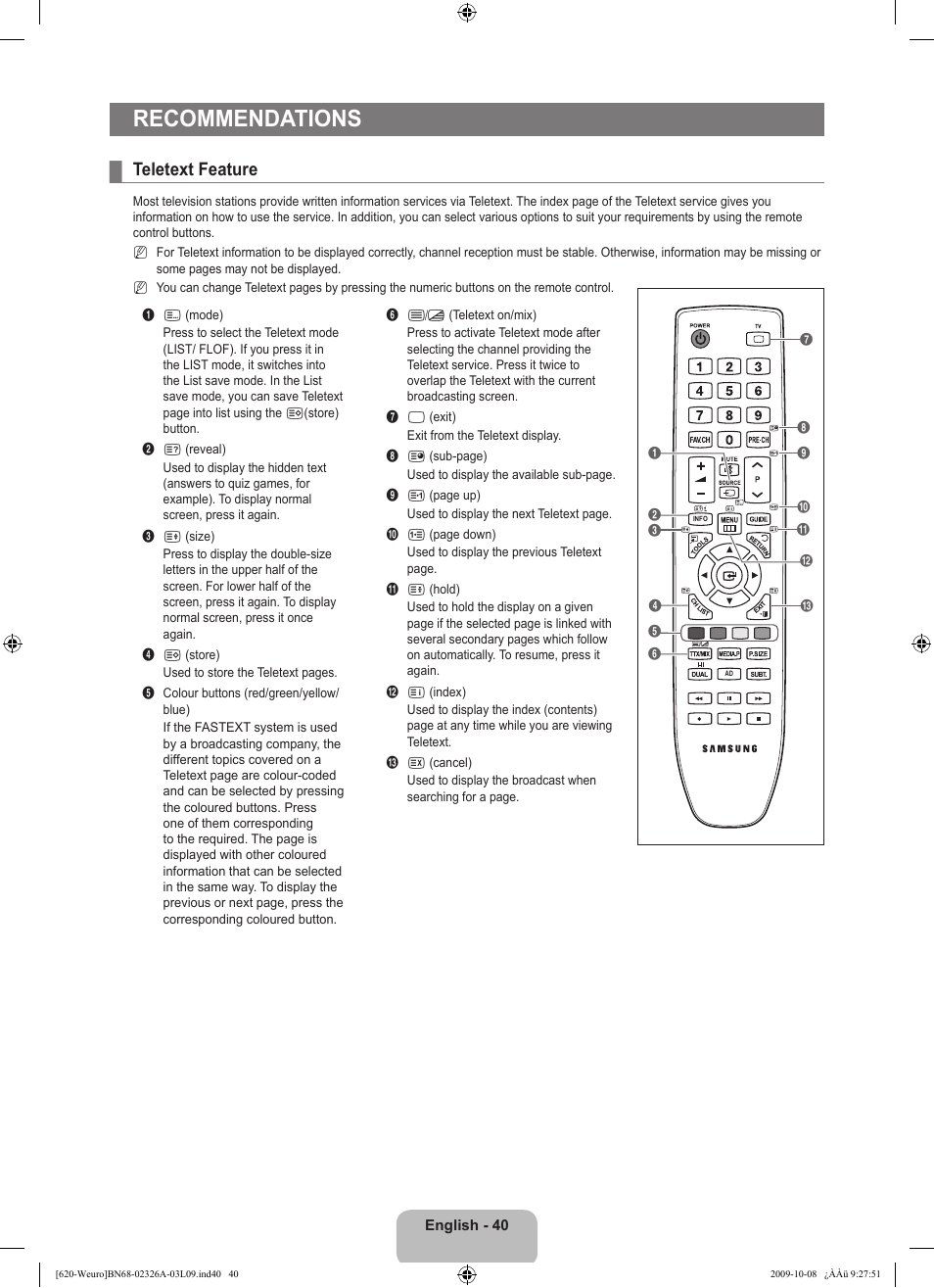 Recommendations, Teletext feature | Samsung LE46B620R3W User Manual | Page 42 / 458