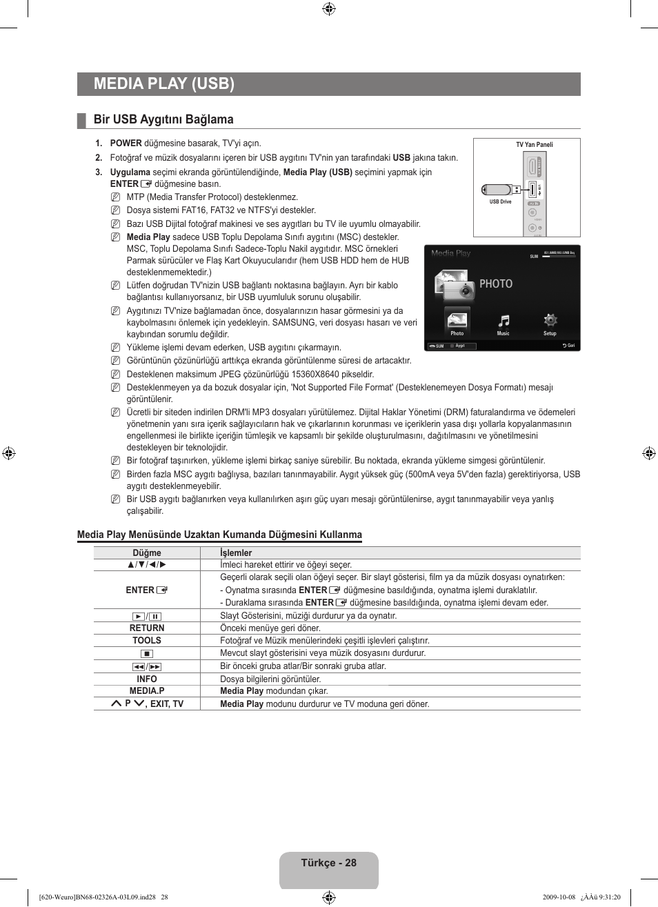 Media play (usb), Bir usb aygıtını bağlama, Photo | Samsung LE46B620R3W User Manual | Page 430 / 458