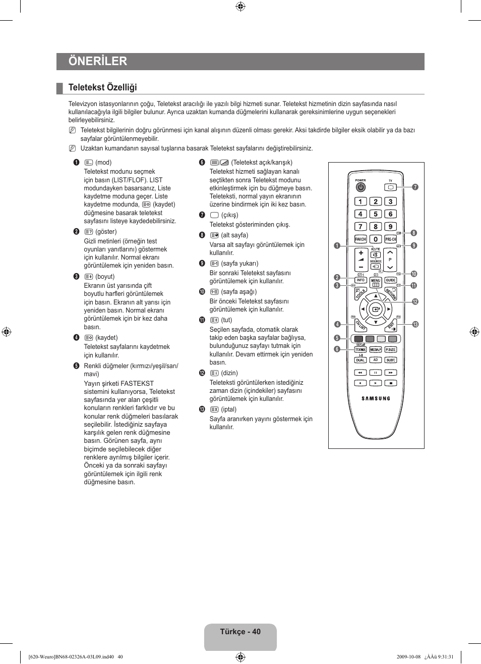 Öneriler, Teletekst özelliği | Samsung LE46B620R3W User Manual | Page 442 / 458