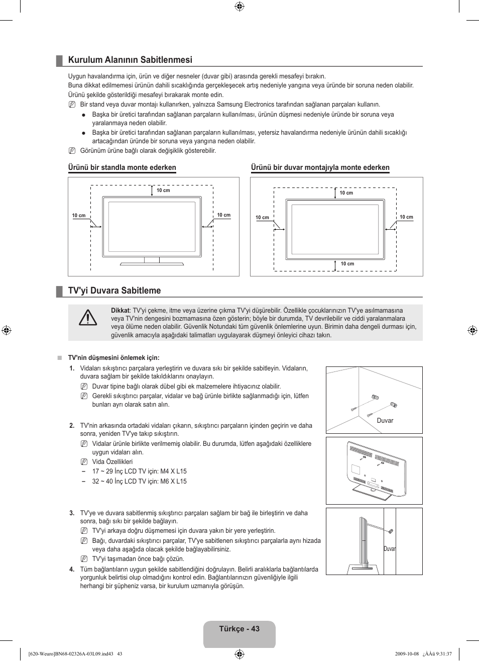 Kurulum alanının sabitlenmesi, Tv'yi duvara sabitleme | Samsung LE46B620R3W User Manual | Page 445 / 458