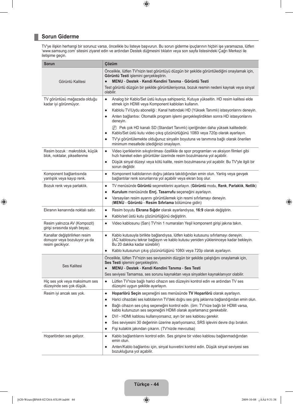 Sorun giderme | Samsung LE46B620R3W User Manual | Page 446 / 458