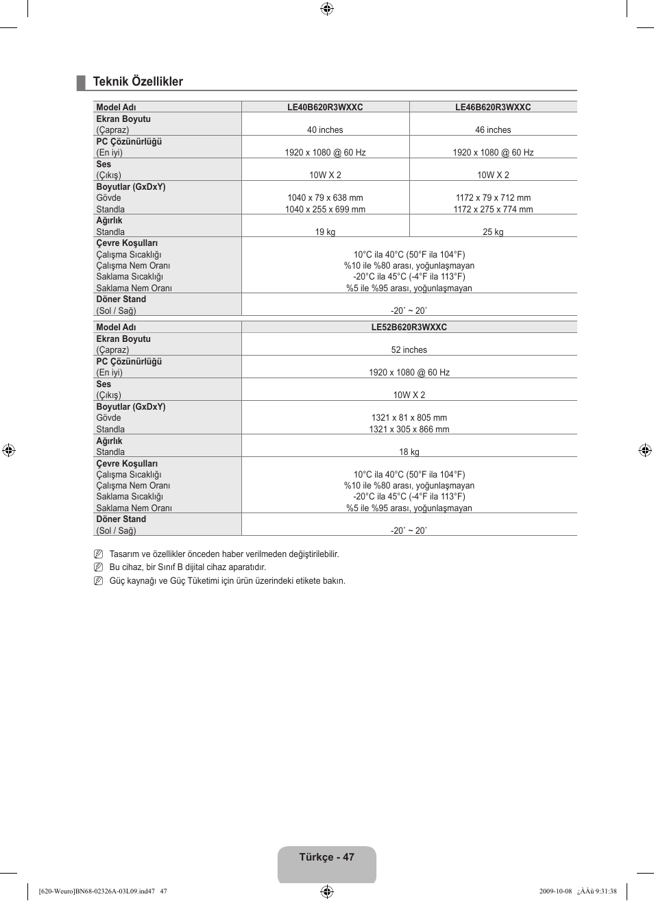 Teknik özellikler | Samsung LE46B620R3W User Manual | Page 449 / 458