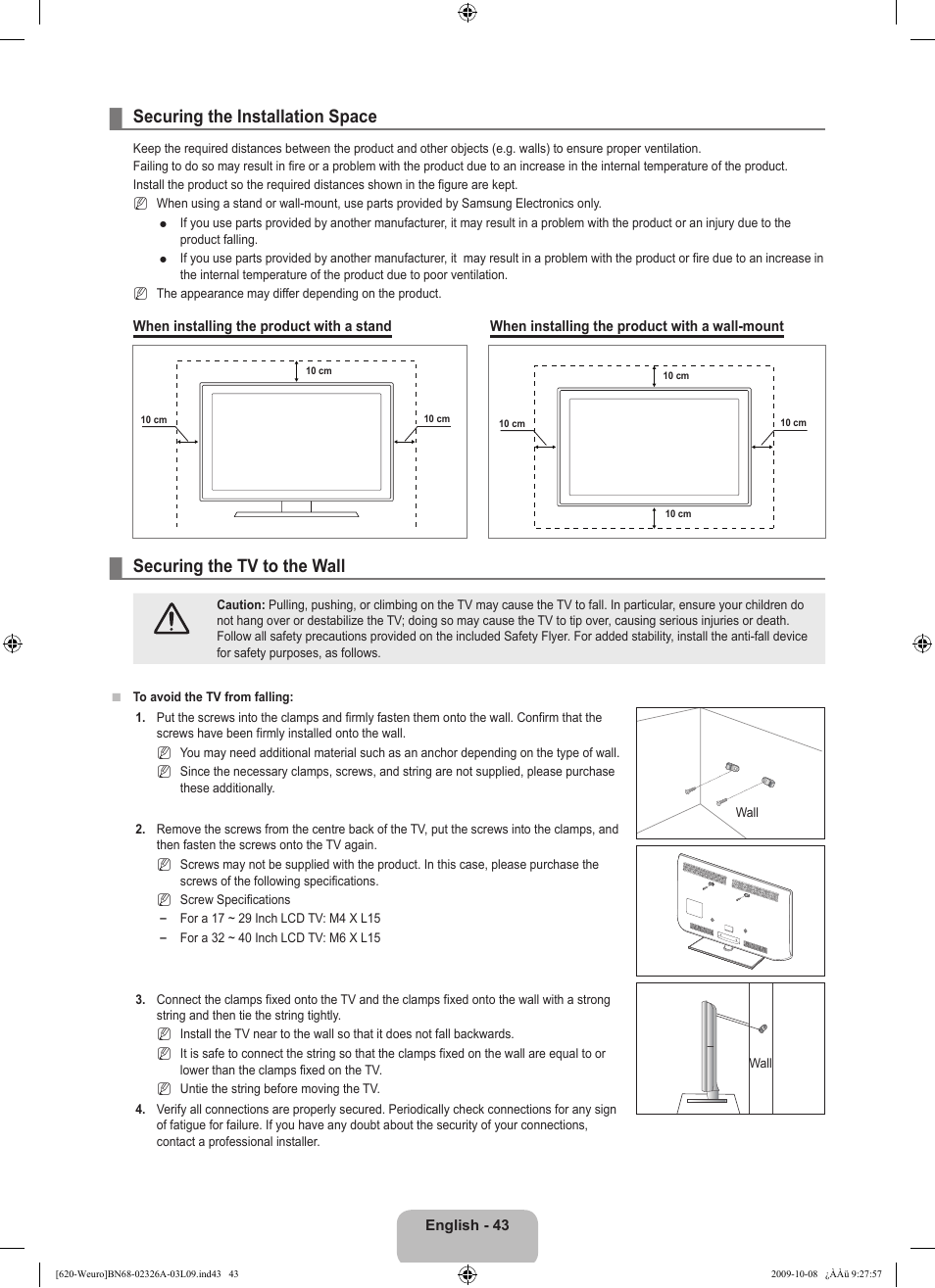 Securing the installation space, Securing the tv to the wall | Samsung LE46B620R3W User Manual | Page 45 / 458