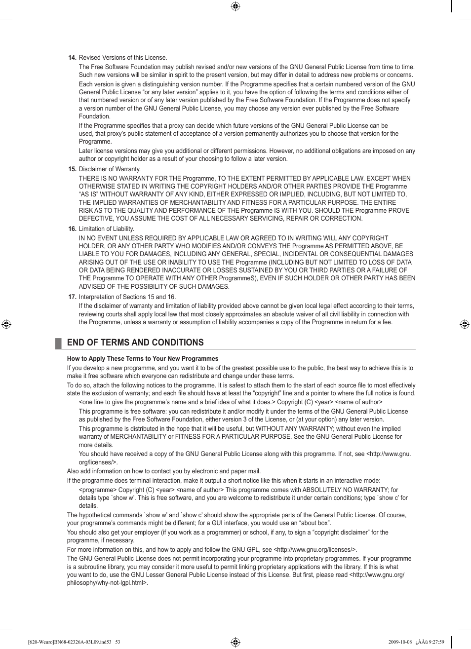 End of terms and conditions | Samsung LE46B620R3W User Manual | Page 55 / 458