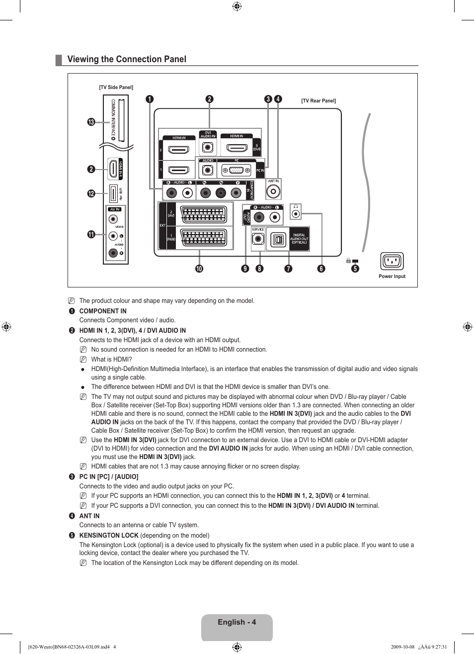 Viewing the connection panel | Samsung LE46B620R3W User Manual | Page 6 / 458