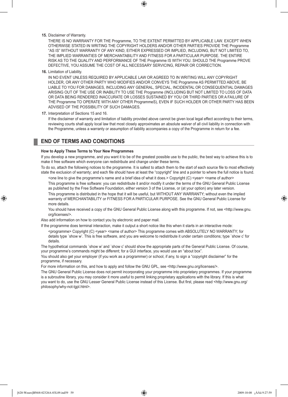 End of terms and conditions | Samsung LE46B620R3W User Manual | Page 61 / 458