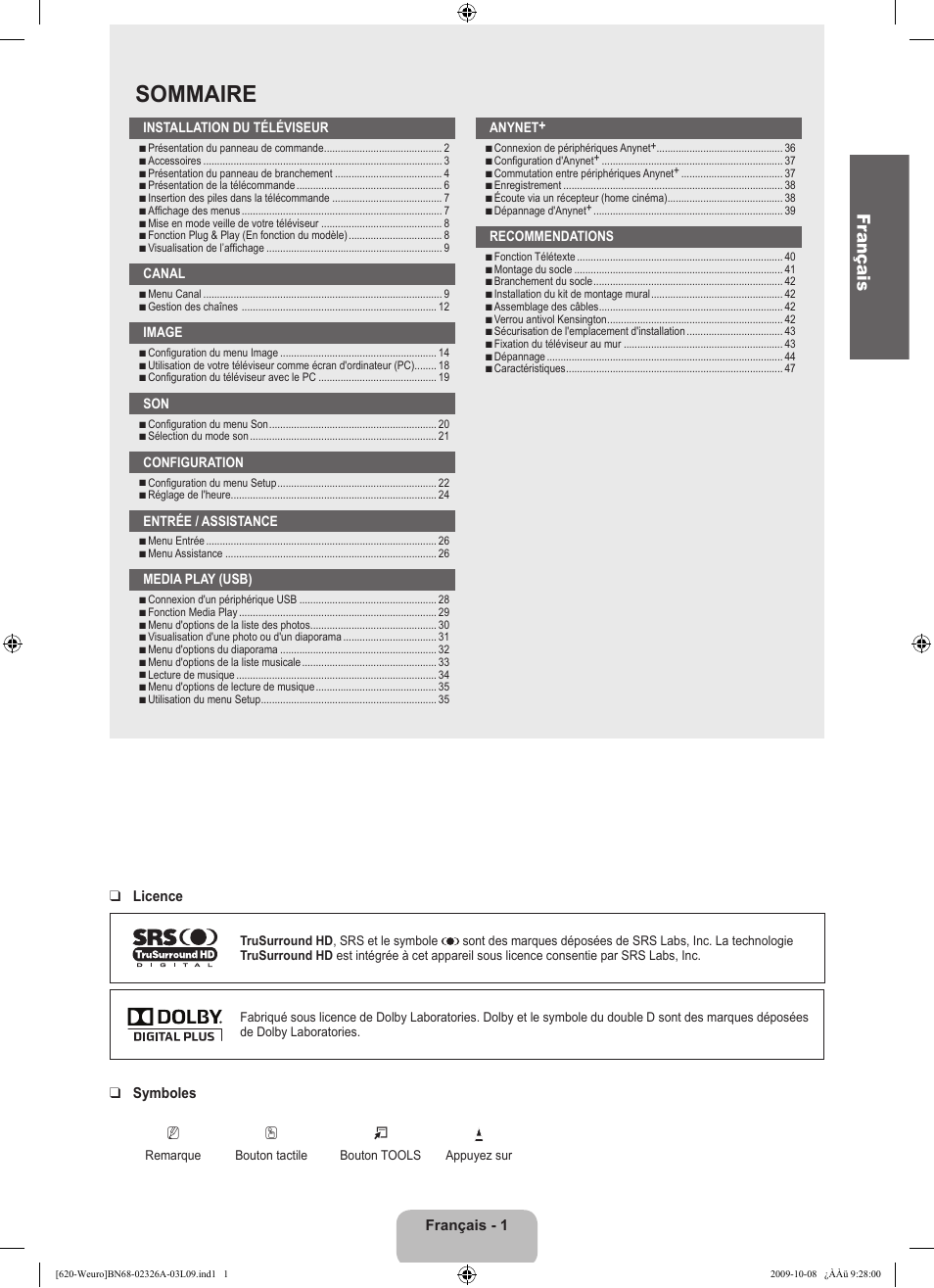 Sommaire, Fr ançais | Samsung LE46B620R3W User Manual | Page 65 / 458