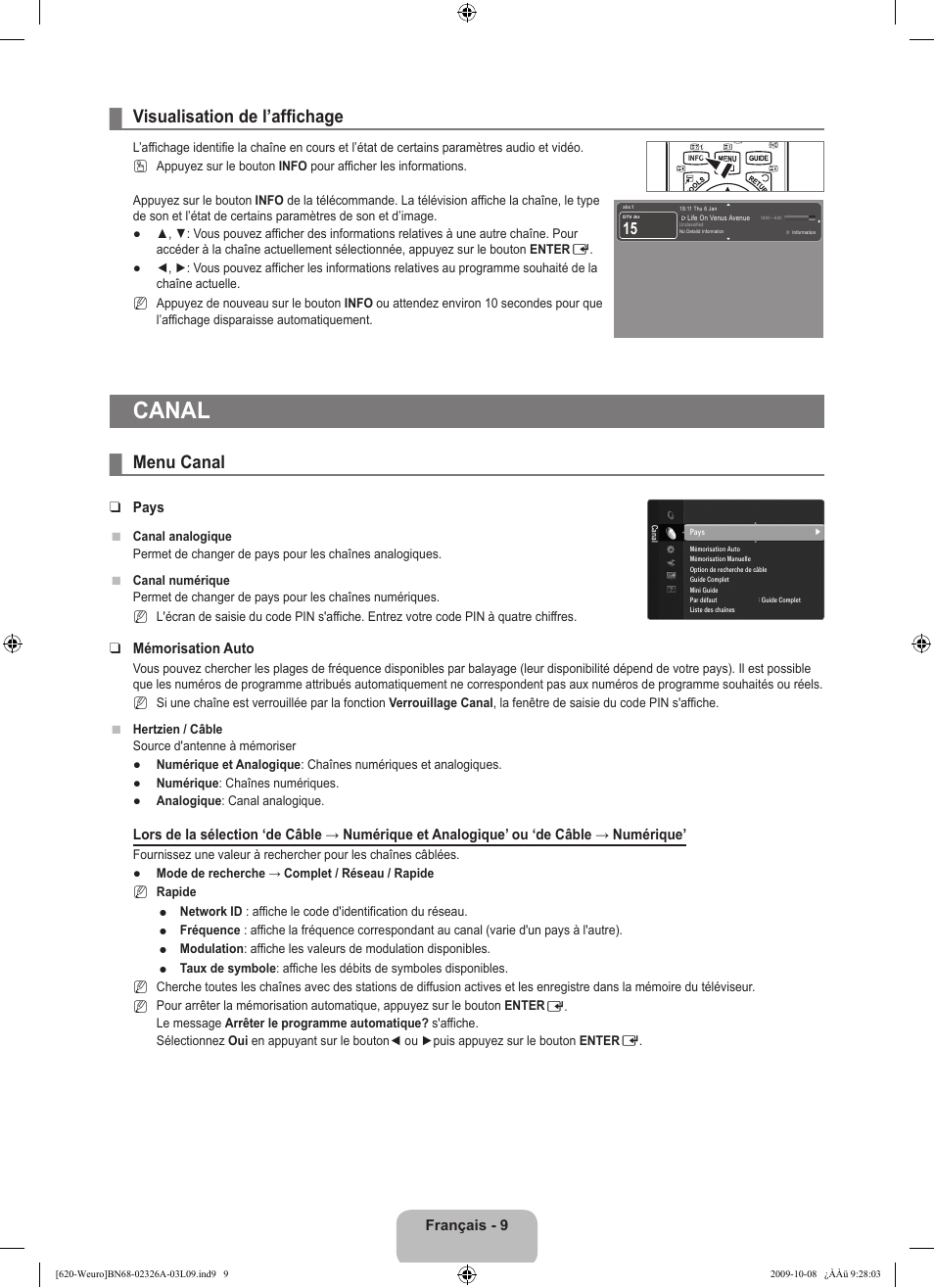 Canal, Visualisation de l’affichage, Menu canal | Samsung LE46B620R3W User Manual | Page 73 / 458