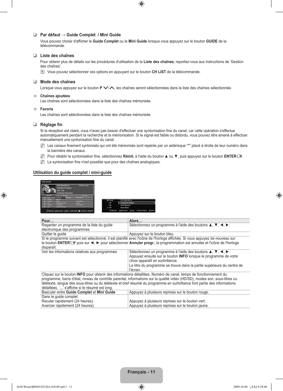 Liste des chaînes, Mode des chaînes, Réglage fin | Utilisation du guide complet / mini-guide | Samsung LE46B620R3W User Manual | Page 75 / 458