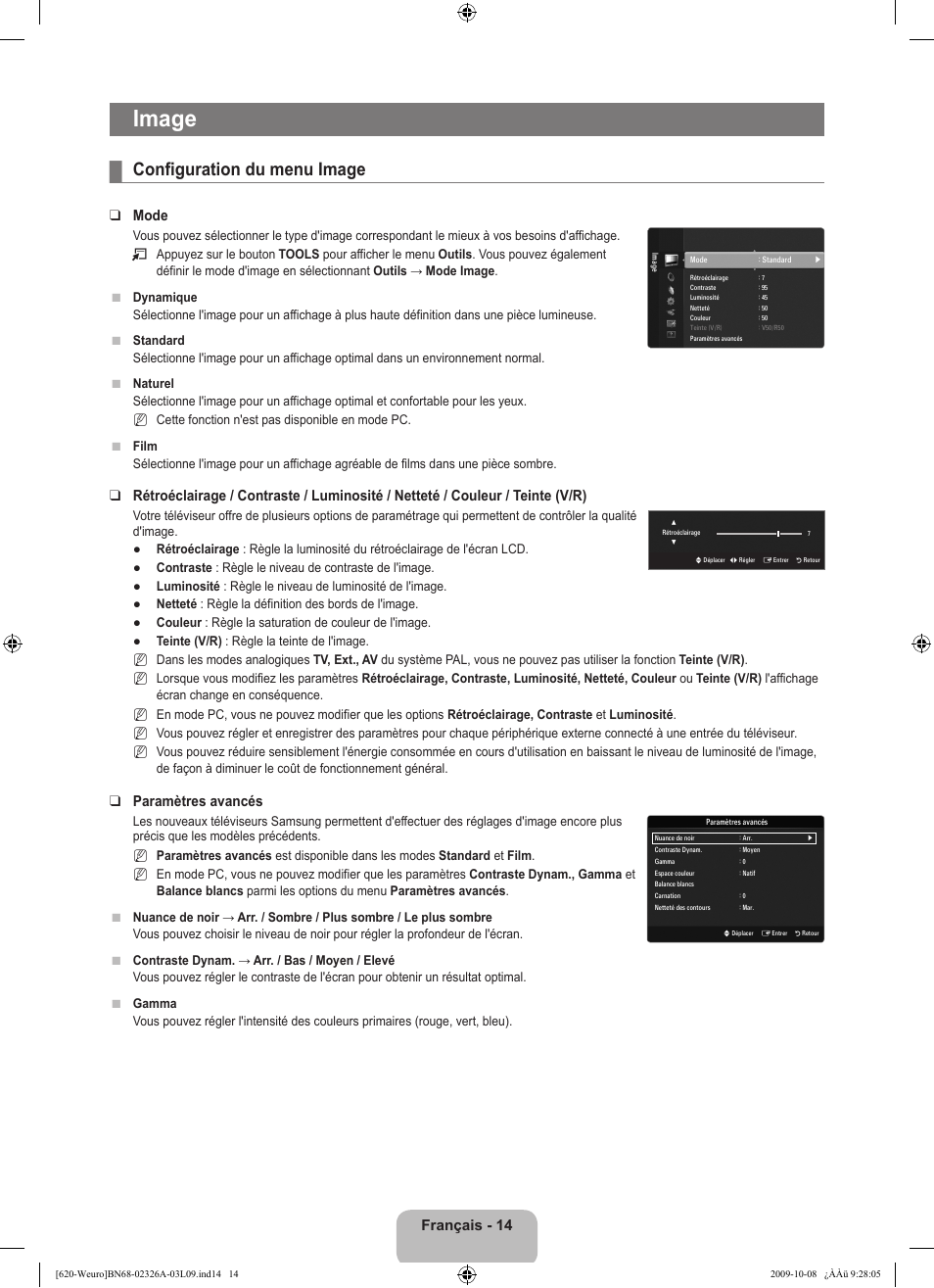 Image, Configuration du menu image, Français - 14 | Mode, Paramètres avancés | Samsung LE46B620R3W User Manual | Page 78 / 458