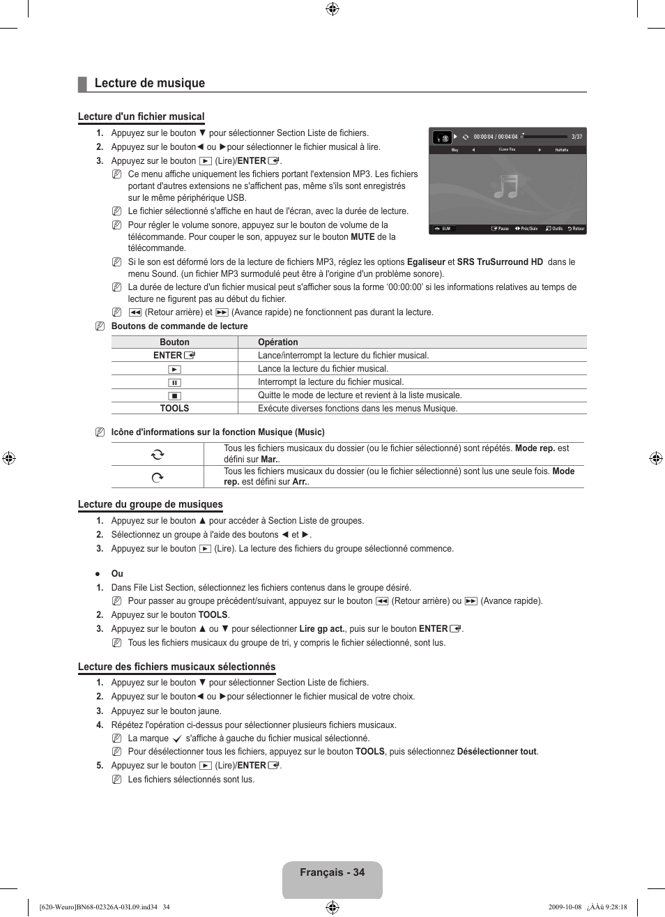 Lecture de musique | Samsung LE46B620R3W User Manual | Page 98 / 458