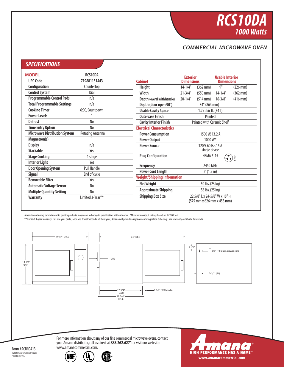Rcs10da, 1000 watts | Amana RCS10DA User Manual | Page 2 / 2