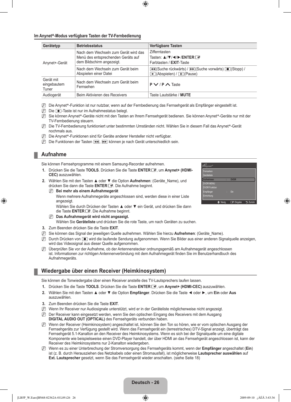 Aufnahme, Wiedergabe über einen receiver (heimkinosystem) | Samsung LE46B530P7W User Manual | Page 100 / 336