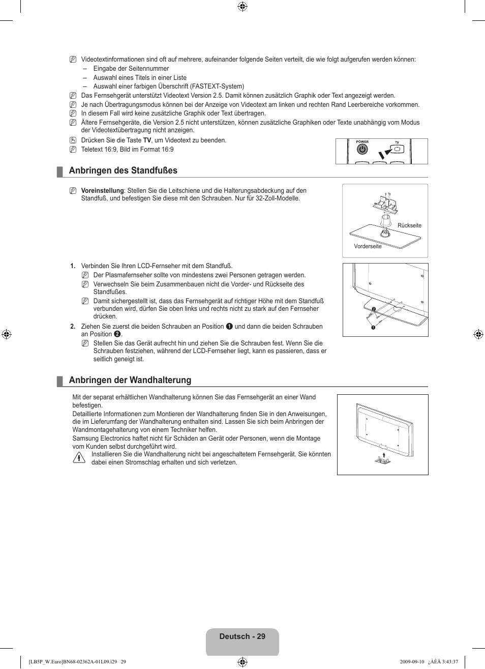 Anbringen des standfußes, Anbringen der wandhalterung | Samsung LE46B530P7W User Manual | Page 103 / 336