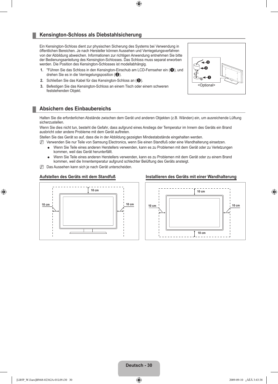 Kensington-schloss als diebstahlsicherung, Absichern des einbaubereichs | Samsung LE46B530P7W User Manual | Page 104 / 336