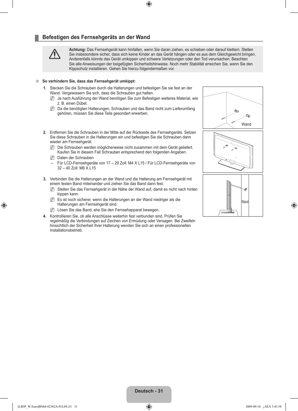 Befestigen des fernsehgeräts an der wand | Samsung LE46B530P7W User Manual | Page 105 / 336