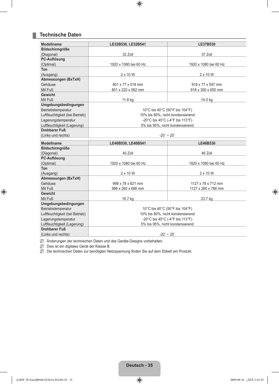 Technische daten | Samsung LE46B530P7W User Manual | Page 109 / 336