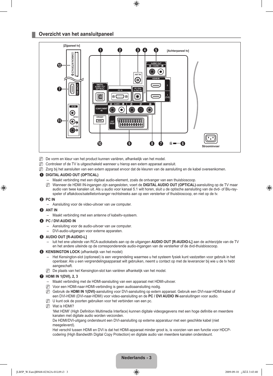 Overzicht van het aansluitpaneel | Samsung LE46B530P7W User Manual | Page 113 / 336