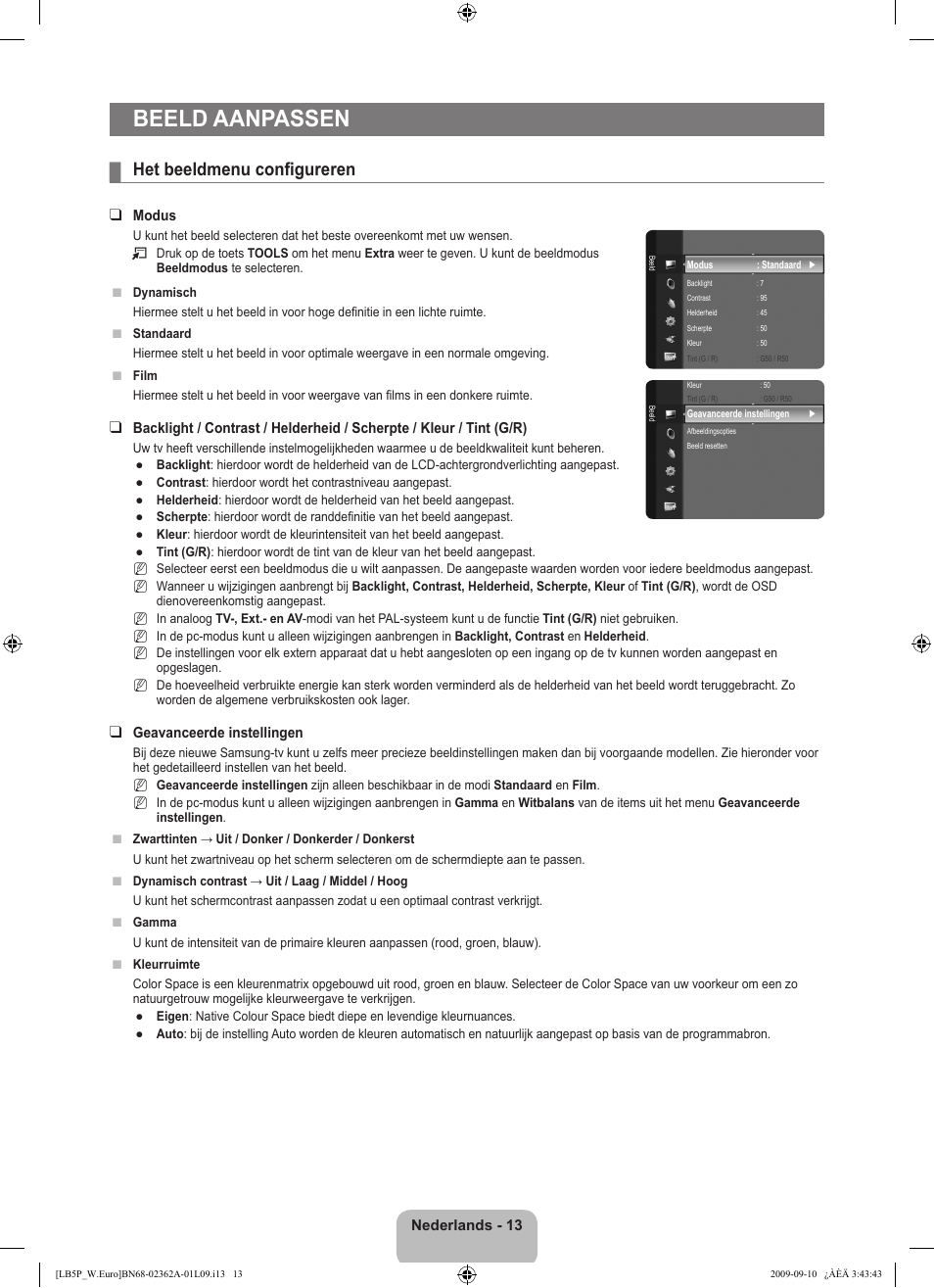 Beeld aanpassen, Het beeldmenu configureren | Samsung LE46B530P7W User Manual | Page 123 / 336