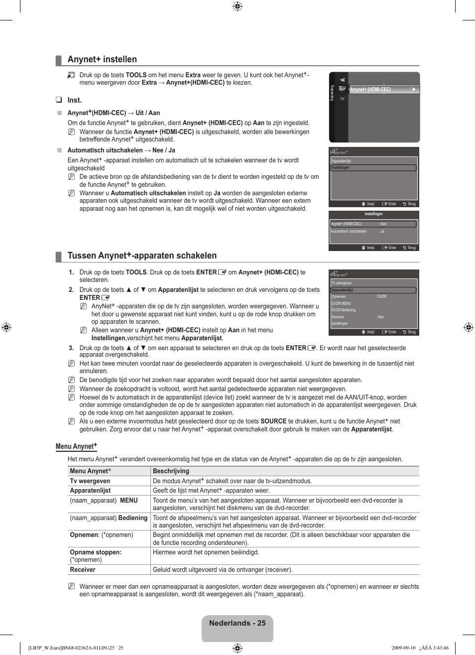 Anynet+ instellen, Tussen anynet+-apparaten schakelen | Samsung LE46B530P7W User Manual | Page 135 / 336