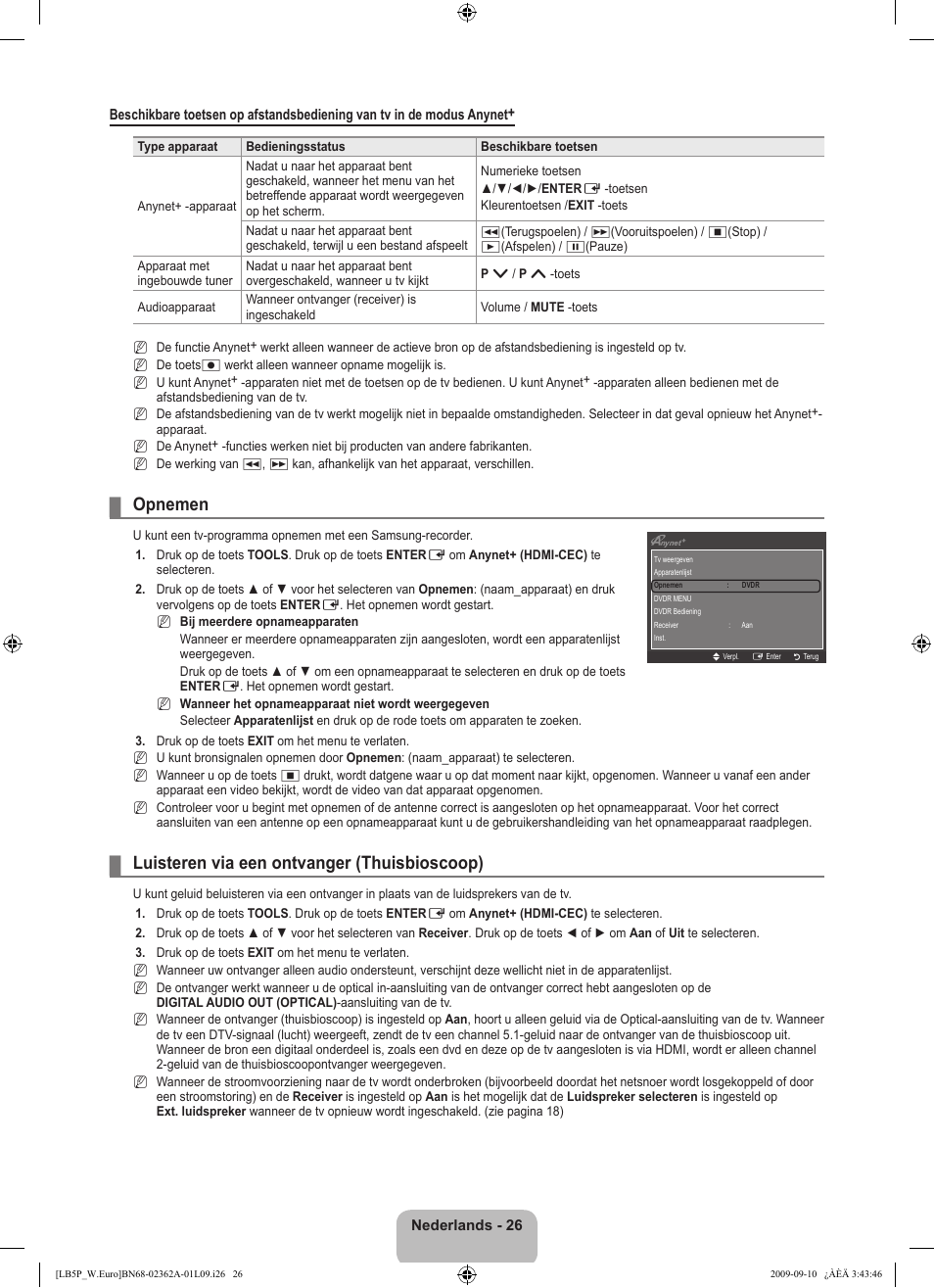 Opnemen, Luisteren via een ontvanger (thuisbioscoop) | Samsung LE46B530P7W User Manual | Page 136 / 336