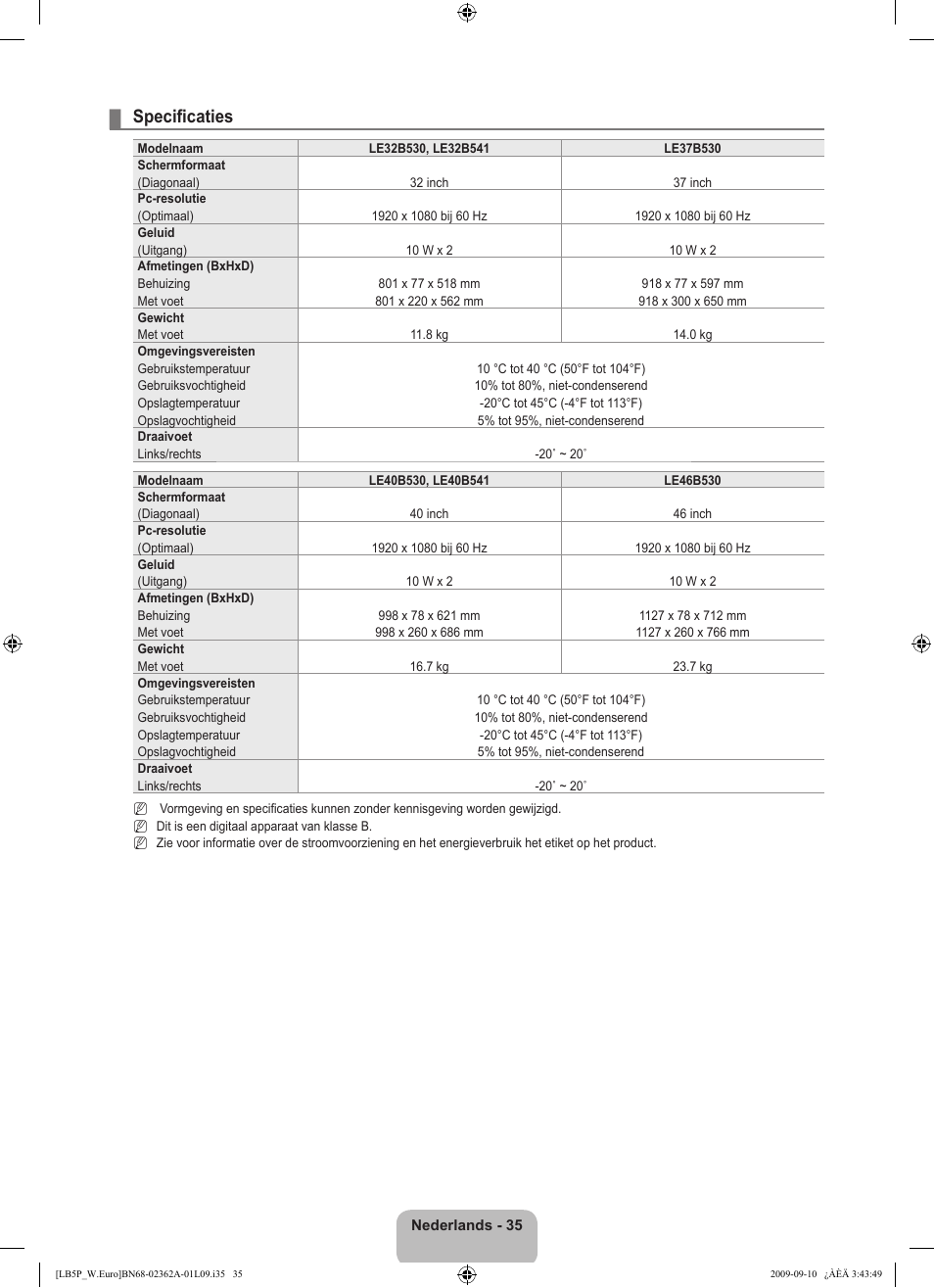 Specificaties | Samsung LE46B530P7W User Manual | Page 145 / 336