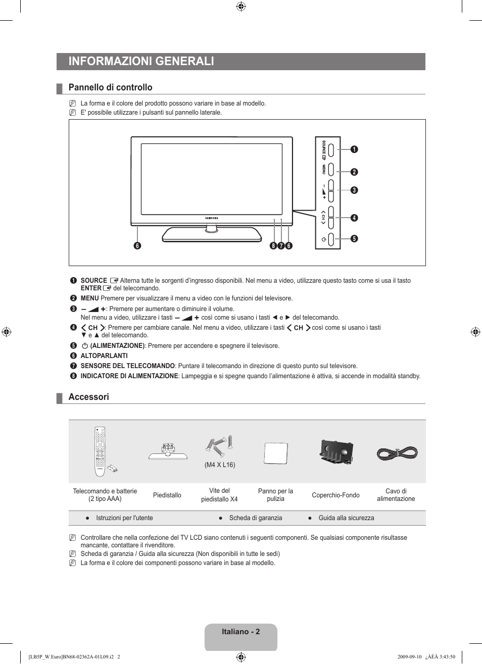 Informazioni generali, Pannello di controllo, Accessori | Samsung LE46B530P7W User Manual | Page 148 / 336