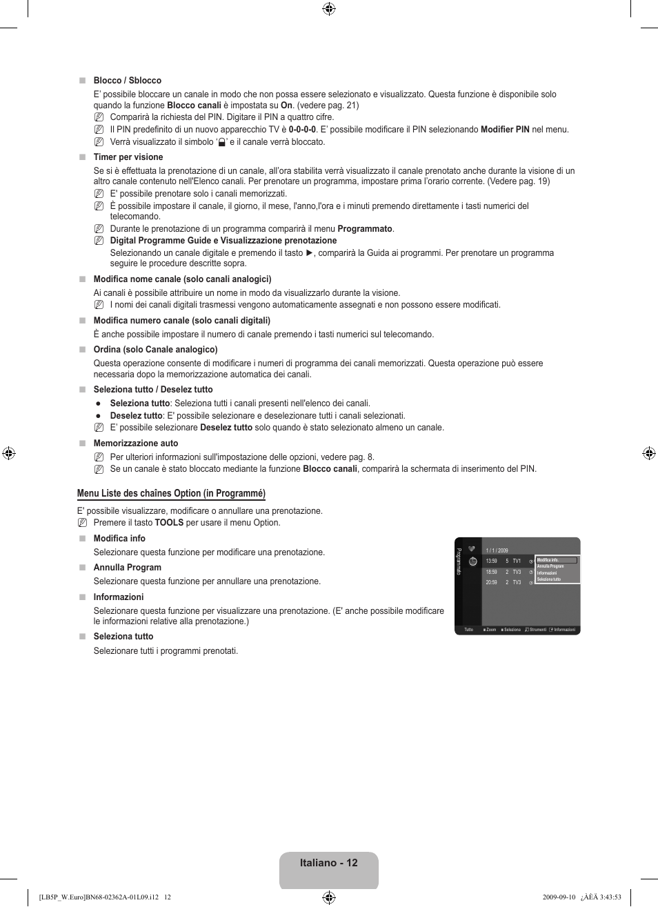 Italiano - 12, Menu liste des chaînes option (in programmé) | Samsung LE46B530P7W User Manual | Page 158 / 336