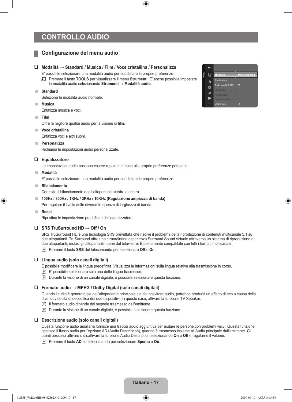 Controllo audio, Configurazione del menu audio | Samsung LE46B530P7W User Manual | Page 163 / 336